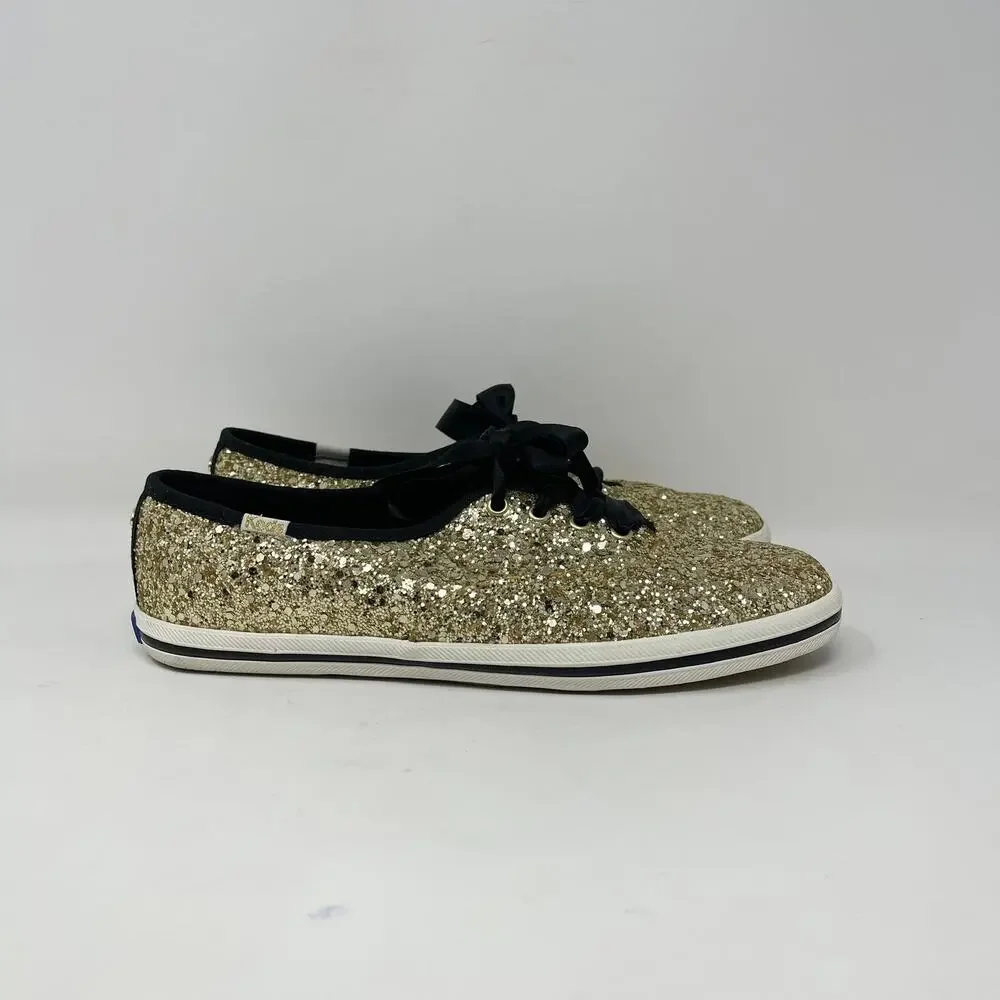 Keds x‎ Kate Spade Glitter Lace Up Sneaker Womens 7 Gold Glitter Black Ribbons